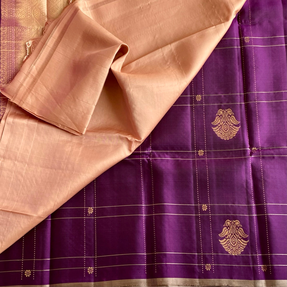 Deep Purple Designer Pure Silk Saree With Peach Pallu And Zari