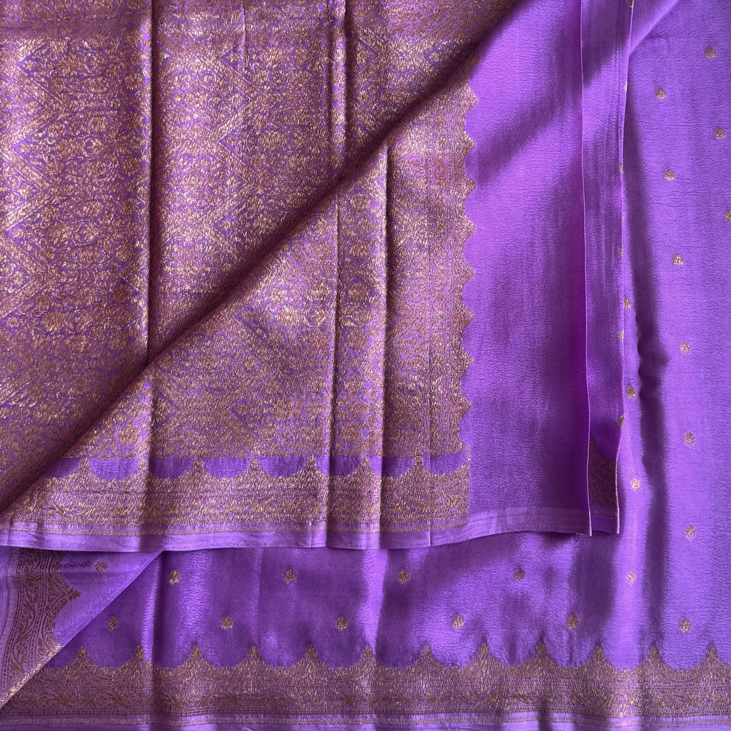 Orchid Purple Saree Gold Brocade Pallu Scalloped Border Elegant Traditional