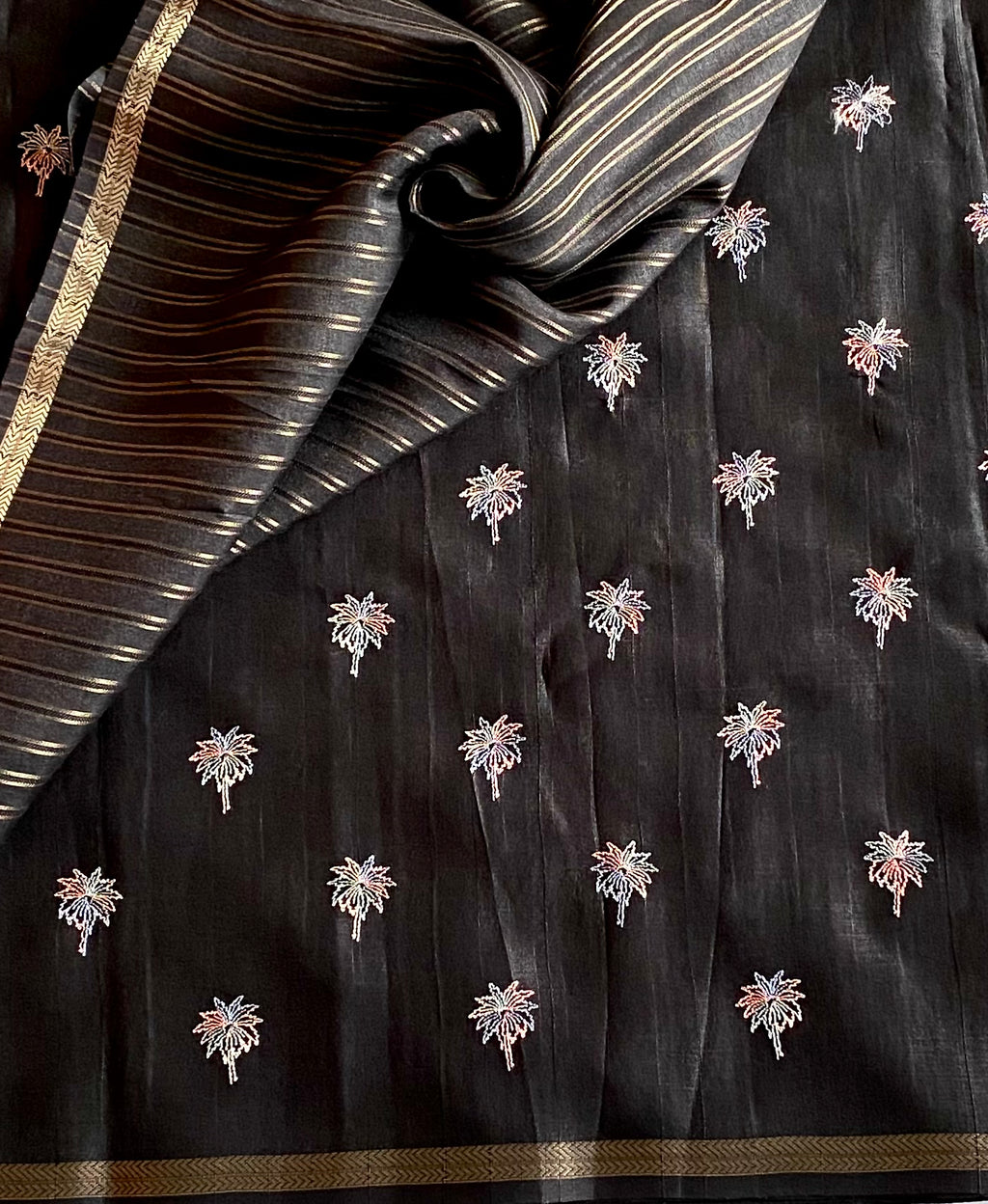 Black Embroidered Floral Saree Gold Striped Pallu Traditional Wear