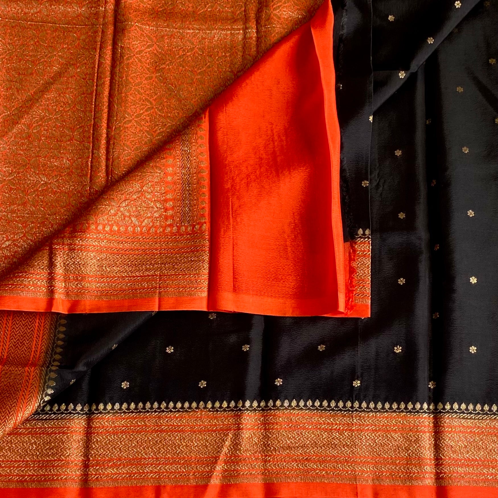 Jet Black Banarasi Crepe Silk Saree With Burnt Orange Pallu