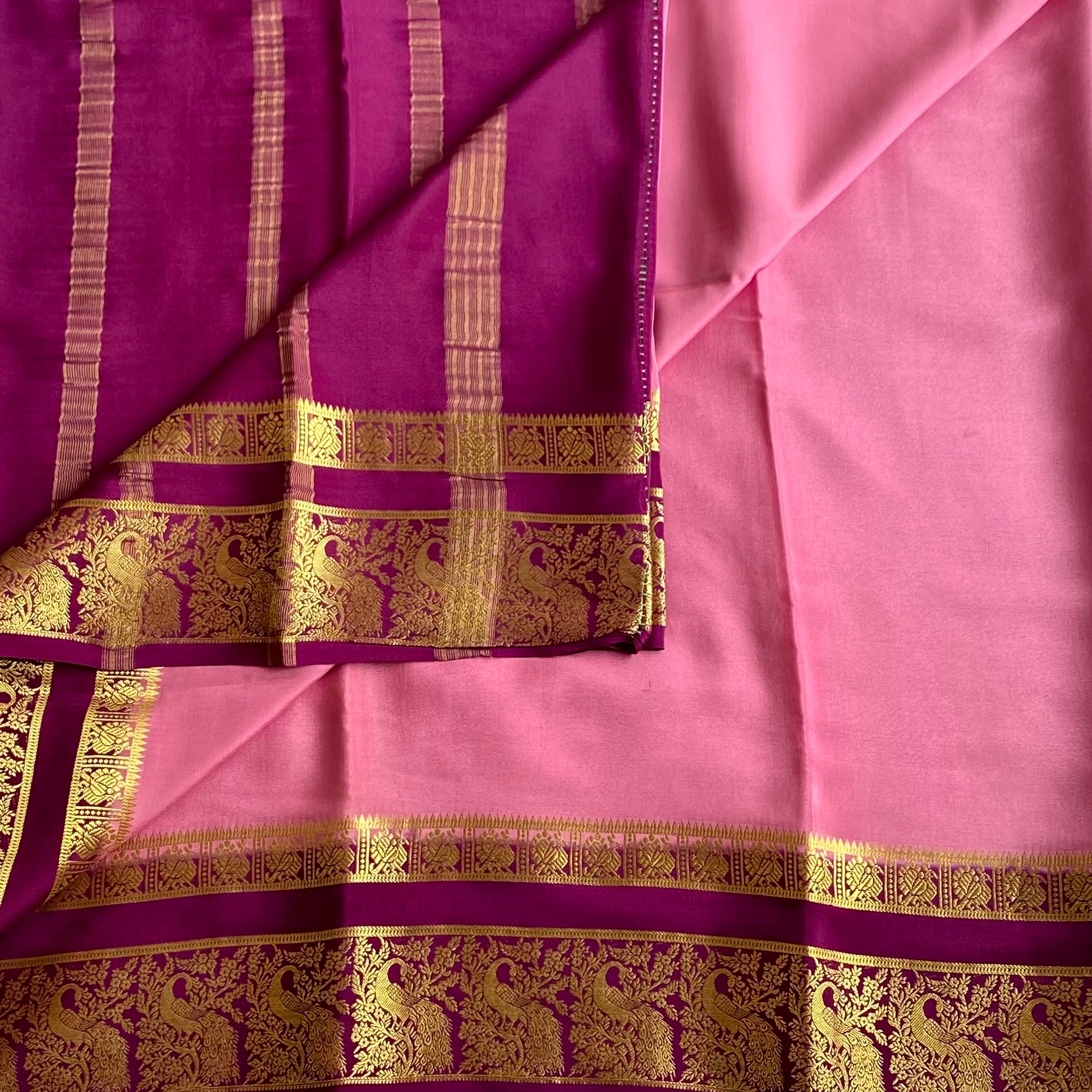 Mysore Crepe Silk Soft Rose Pink Saree With Deep Magenta Pallu