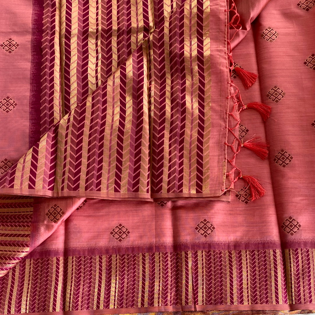 Rose Pink Silk Saree Gold Zari Magenta Chevron Pallu Tassel