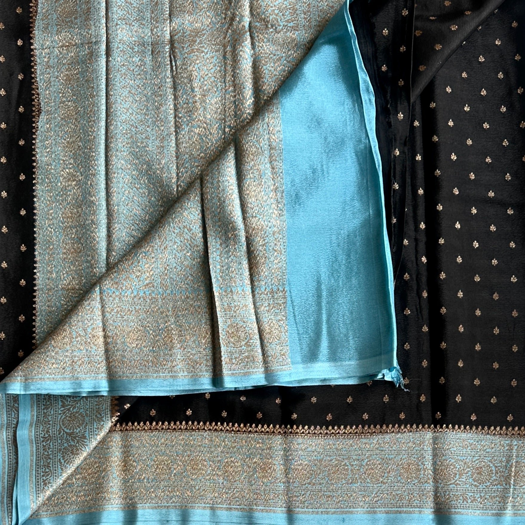 Elegant Jet Black Aqua Blue Brocade Saree Gold Buti Work