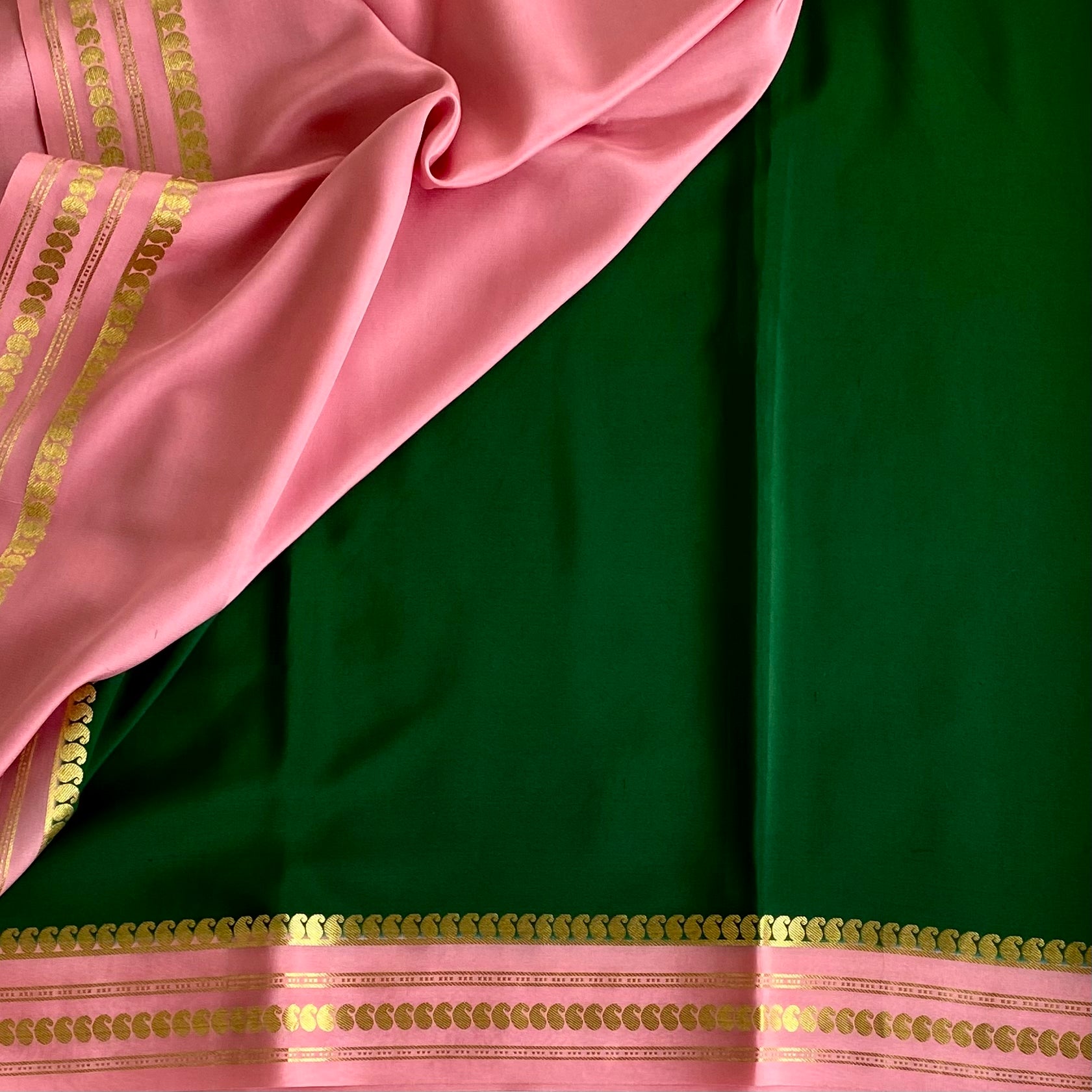 Rose Pink Mysore Crepe Silk Saree Emerald Green Pallu Zari Border