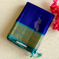 Teal Royal Blue Zari Woven Saree Floral Border Traditional Wedding