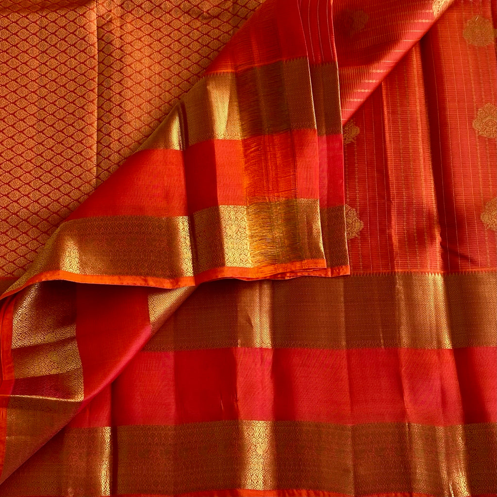 Kanakambari Orange Designer Pure Silk With Retta Pett Borders