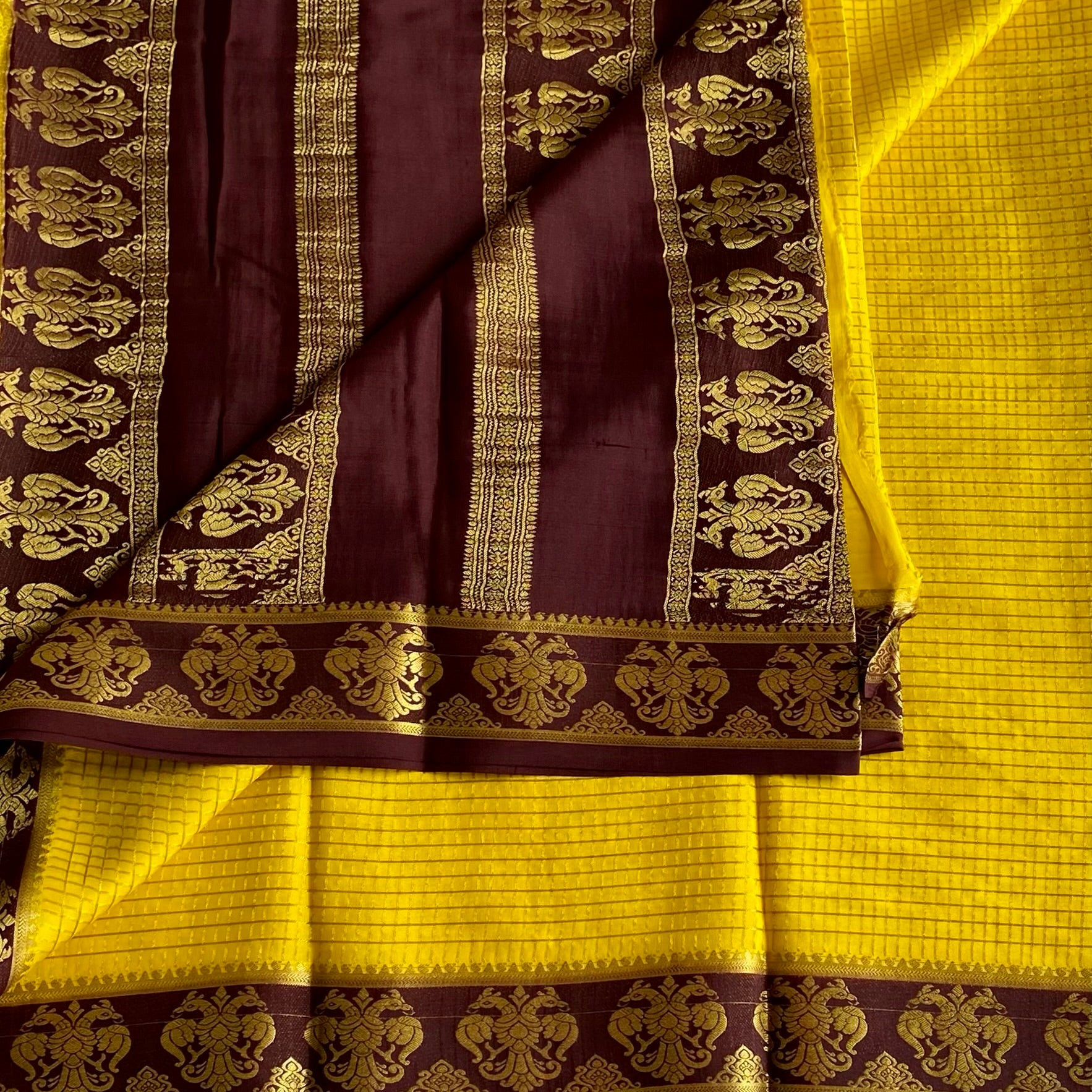 Mustard Yellow Mysore Crepe Silk With Deep Brown Gandaberunda Borders