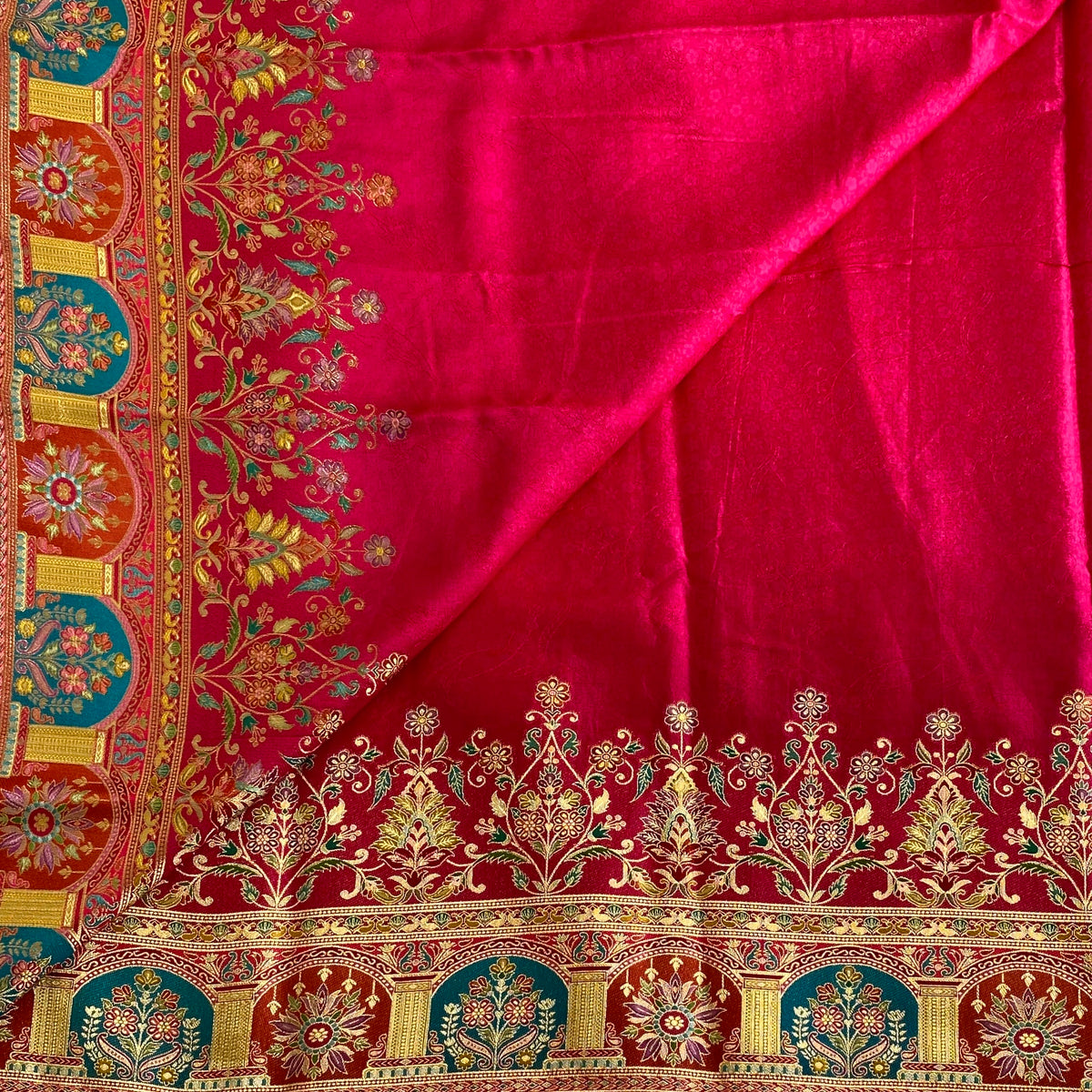 Cherry Pink Soft Crepe Silk Saree With Teal Blue Accents