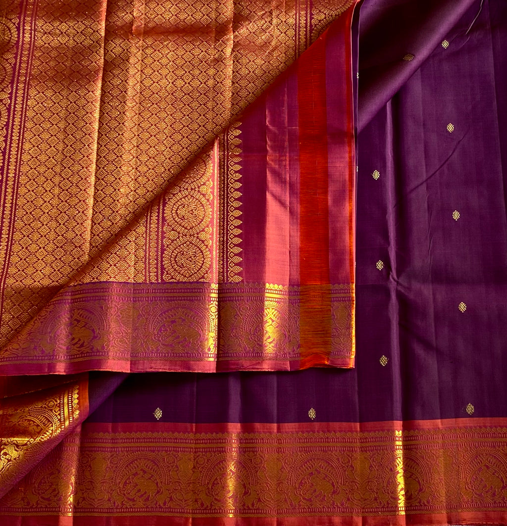 Deep Plum Saffron Orange Silk Saree with Gold Brocade Border