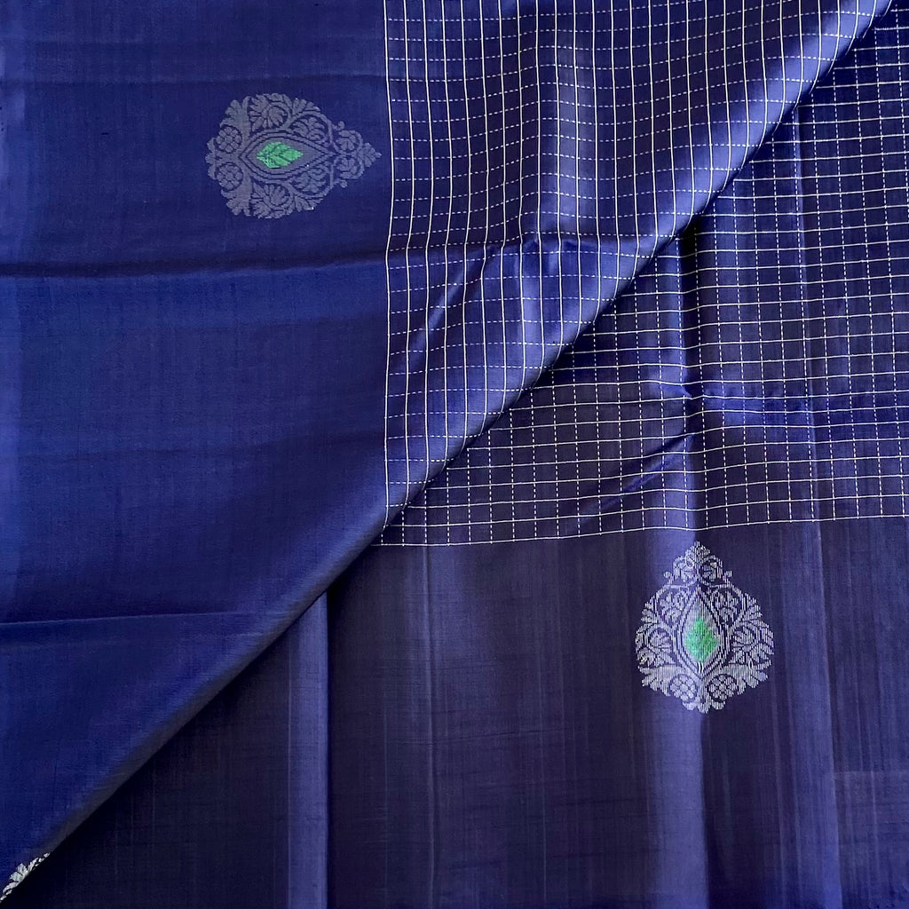Deep Navy Blue Designer Pure Silk Saree With Antique Silver Weave