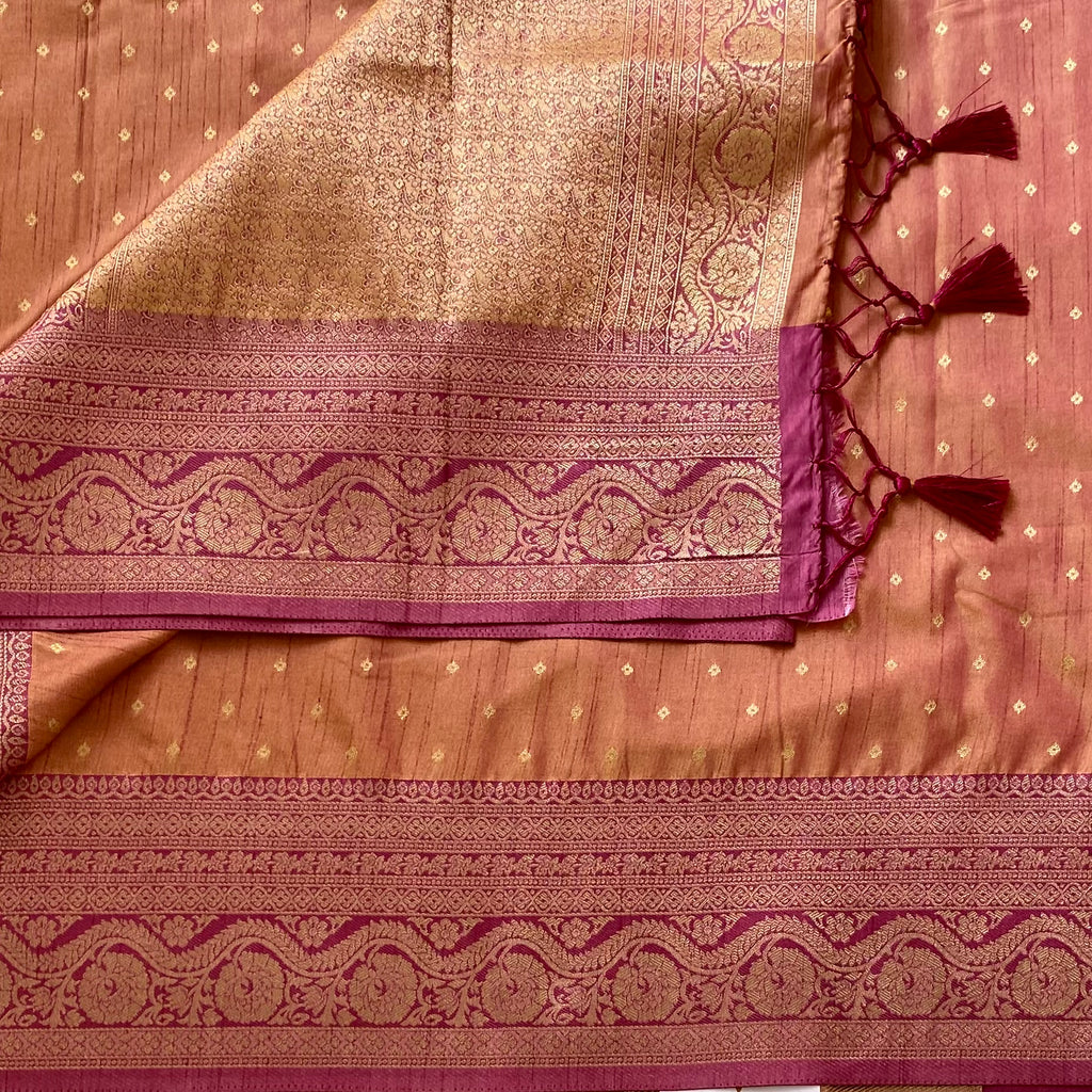 Muted Burnt Orange Banarasi Soft Tussar Saree With Mauve Pink Pallu