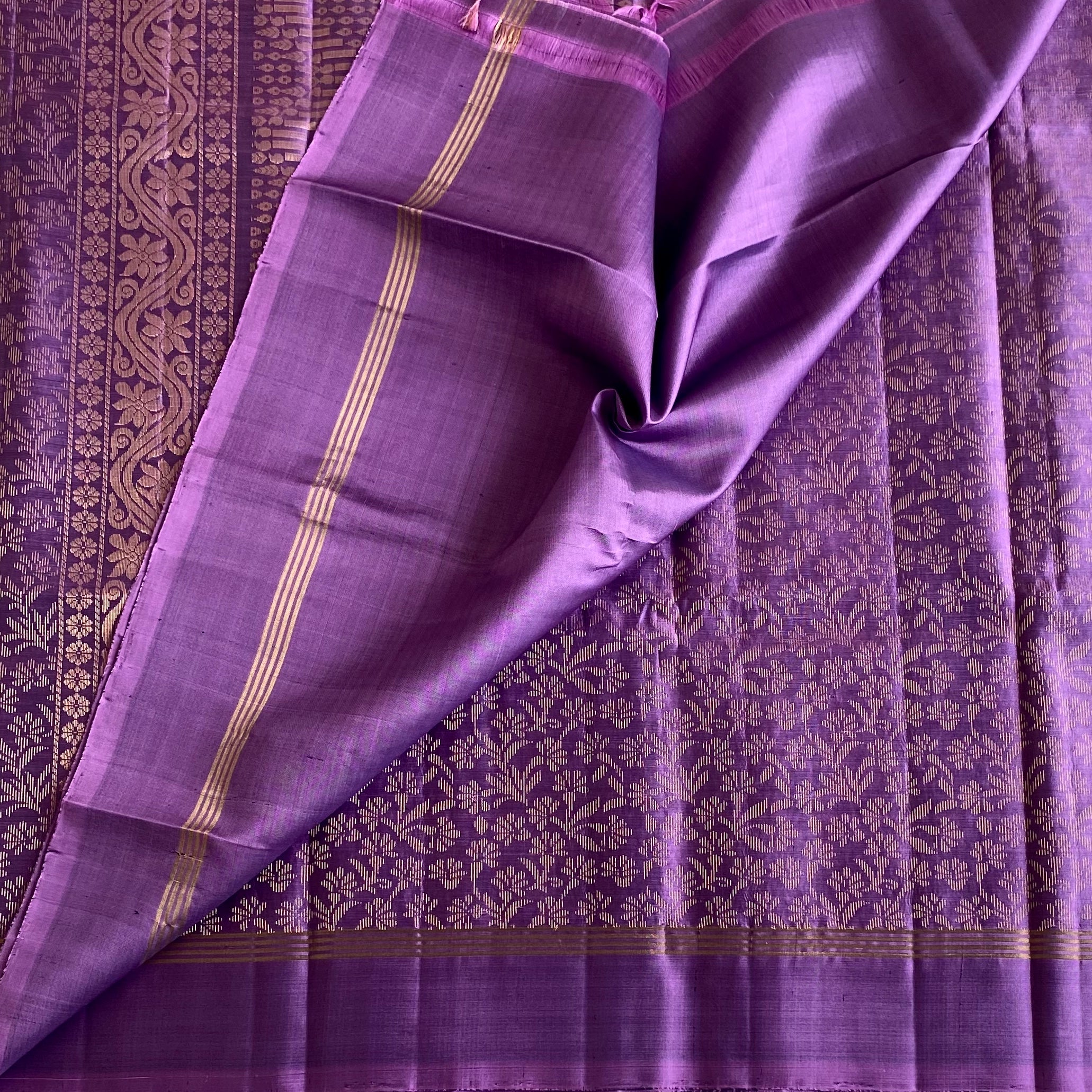 Royal Purple Designer Pure Silk Saree With Antique Gold Zari Striped Border