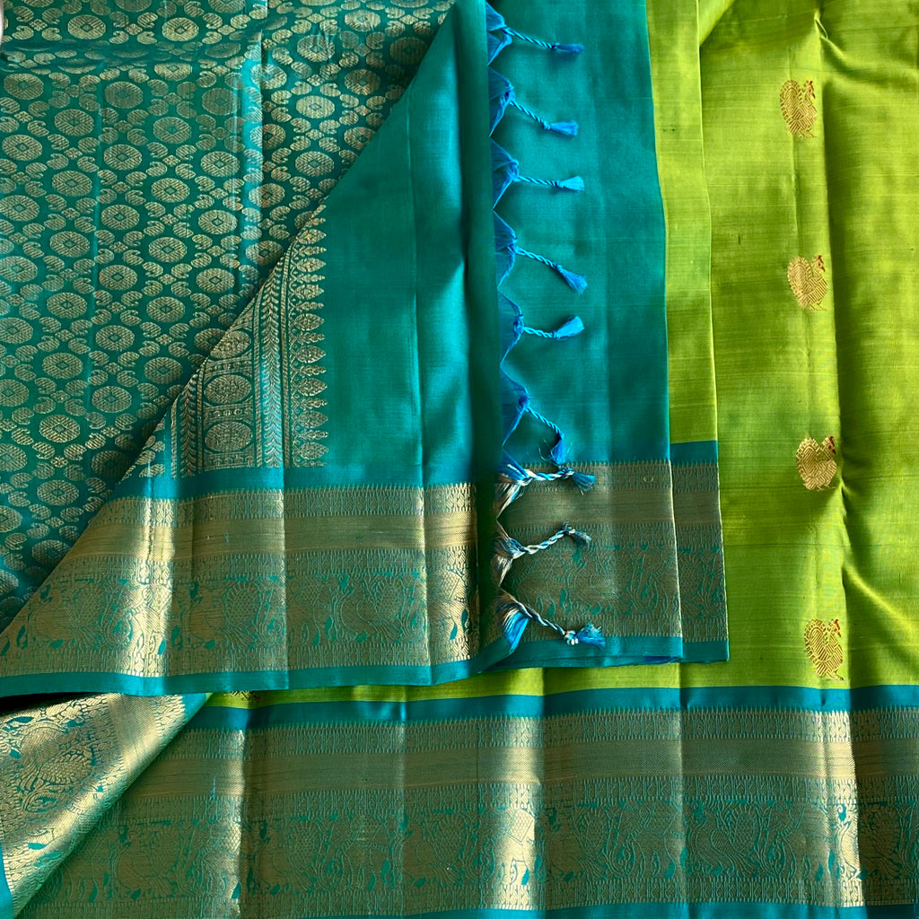 Lime Green Designer Pure Silk Saree Teal Blue Pallu Gold Zari
