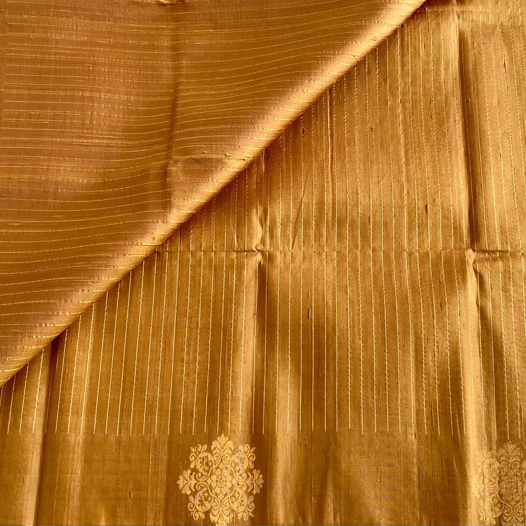 Classy Honey Gold Handwoven Pure Raw silk With Contrast Dusty Pink Blouse