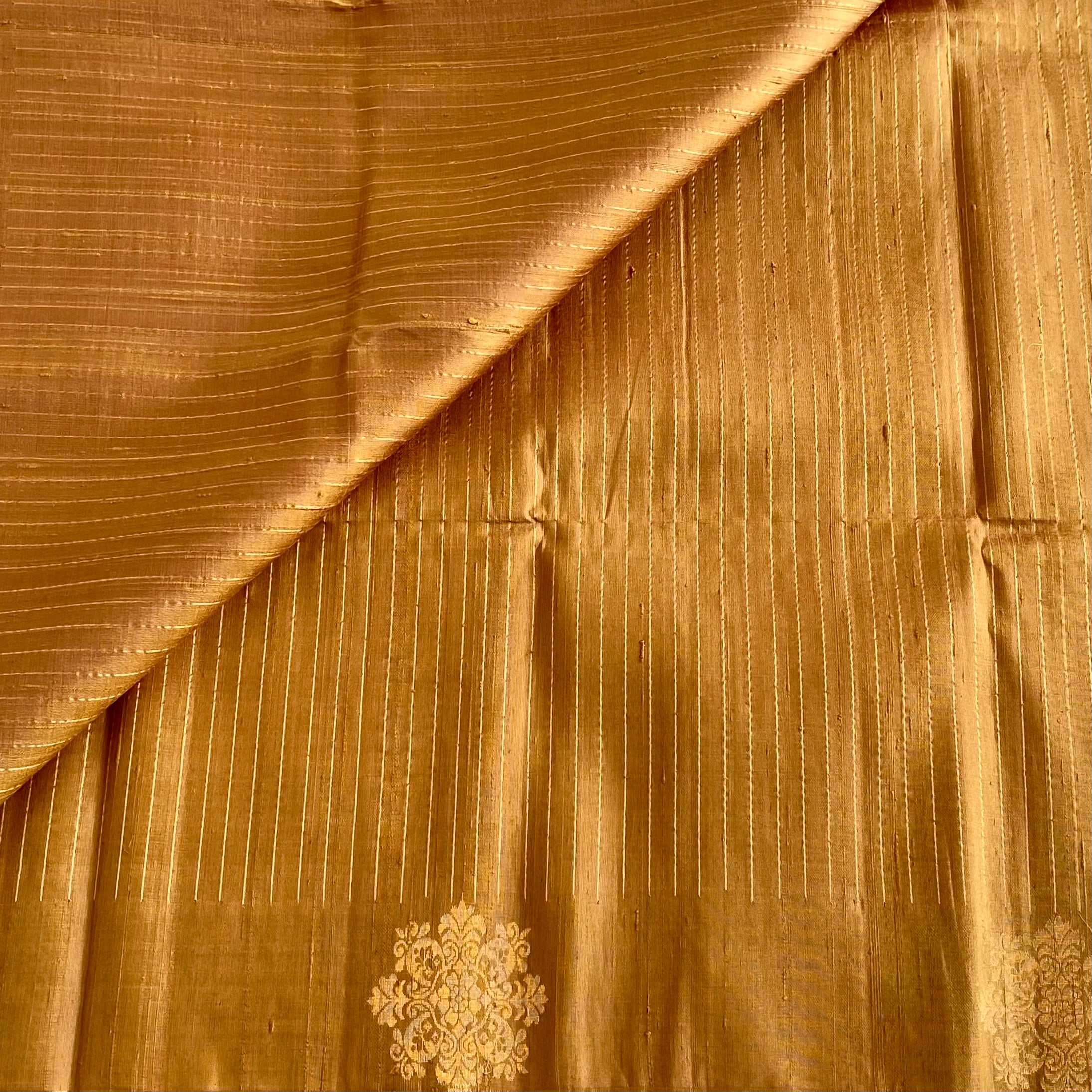 Classy Honey Gold Handwoven Pure Raw silk With Contrast Dusty Pink Blouse
