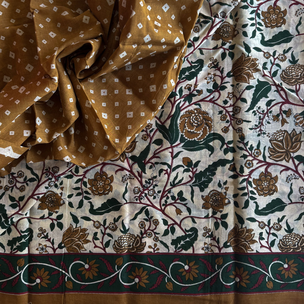 Ivory Mustard Green Floral Border Cotton Saree Traditional Ethnic Wear