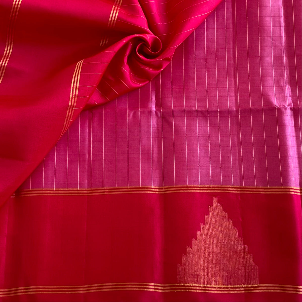 Metallic Rose Designer Pure Silk Saree With Magenta Pink Pallu Gold Stripes