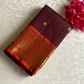 Deep Wine Brown Kanjeevaram Pure Zari Silk Saree With Saffron Orange Pallu
