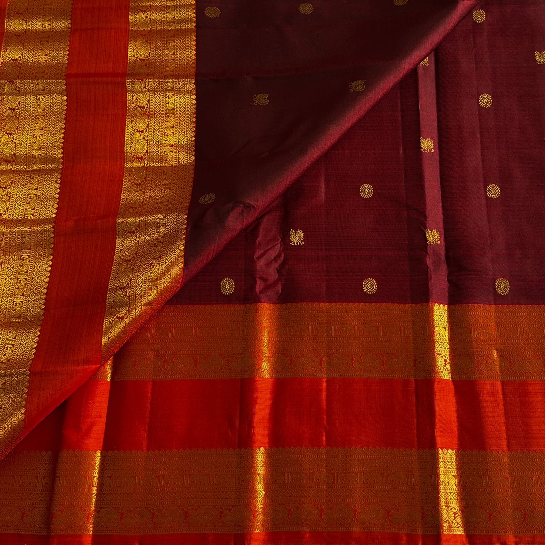 Maroon Orange Silk Saree Gold Buttas Woven Zari Border Pallu