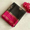 Charcoal Black Fuchsia Brocade Saree With Gold Paisley Motifs