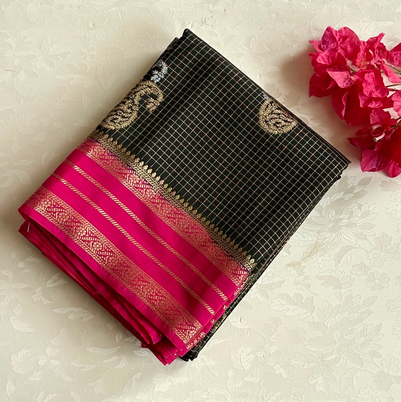Charcoal Black Fuchsia Brocade Saree With Gold Paisley Motifs