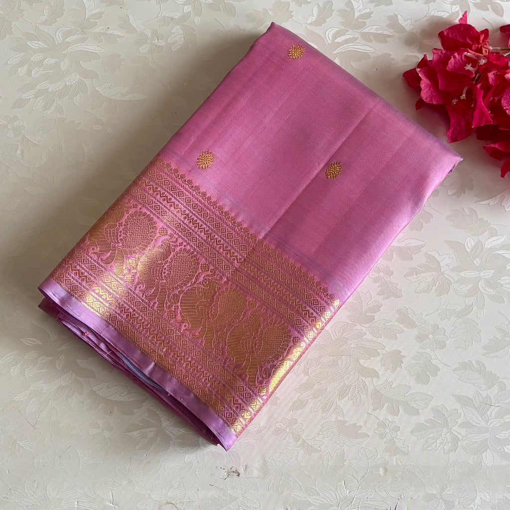 Kanjeevaram Pure Zari Silk Dreamy Lilac Pink With Zari Gold Border