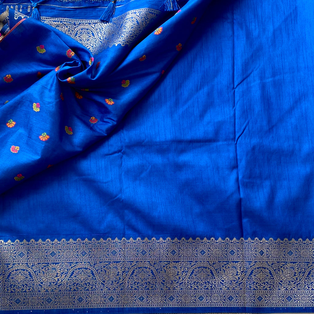 Royal Blue Jamawar Silk Saree Magenta Olive Paisley Pallu Silver Zari