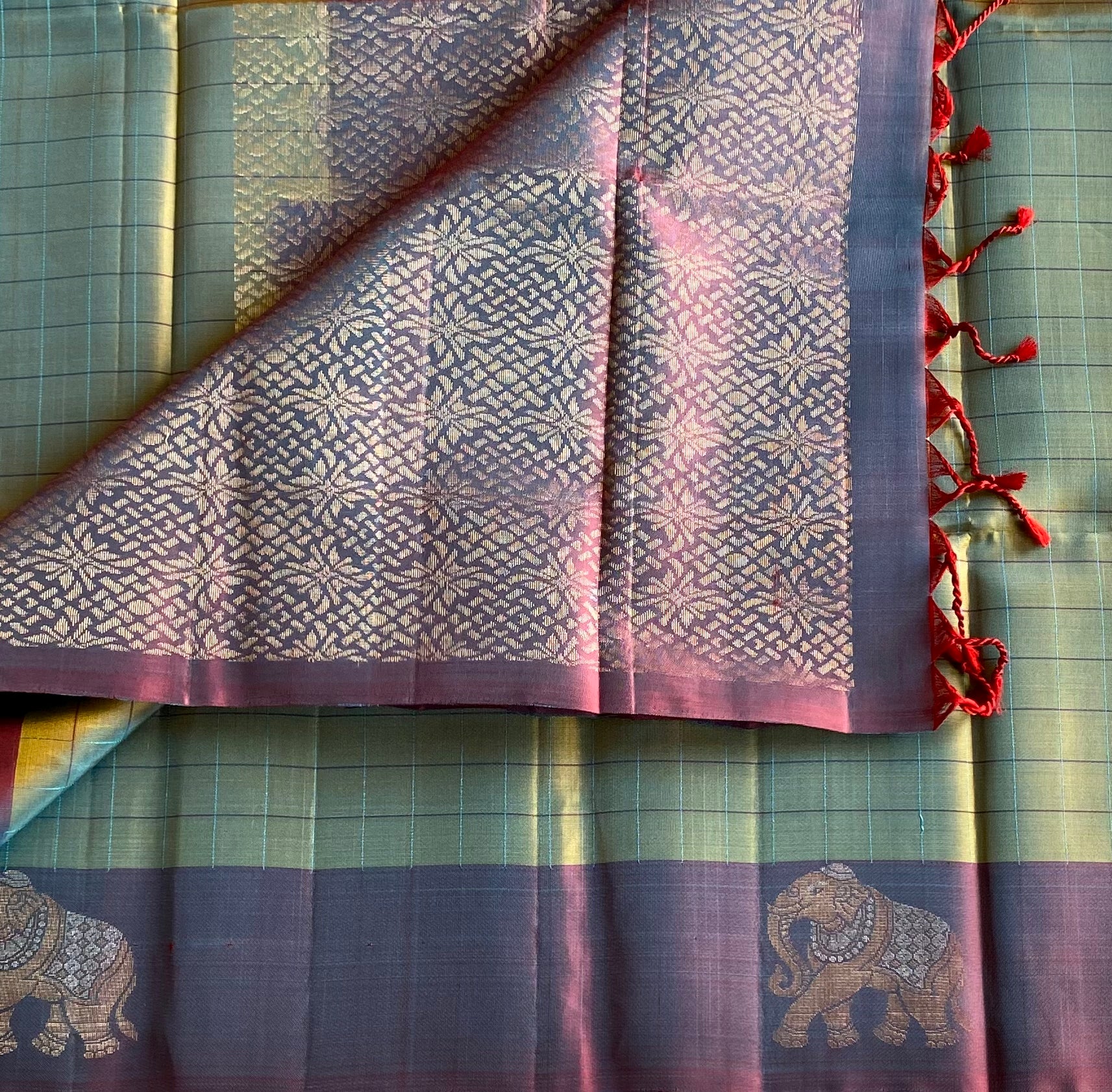 Rare Beauty Dual Shaded Teal Purple Pire Silk Saree with Elephant Border Checked borders