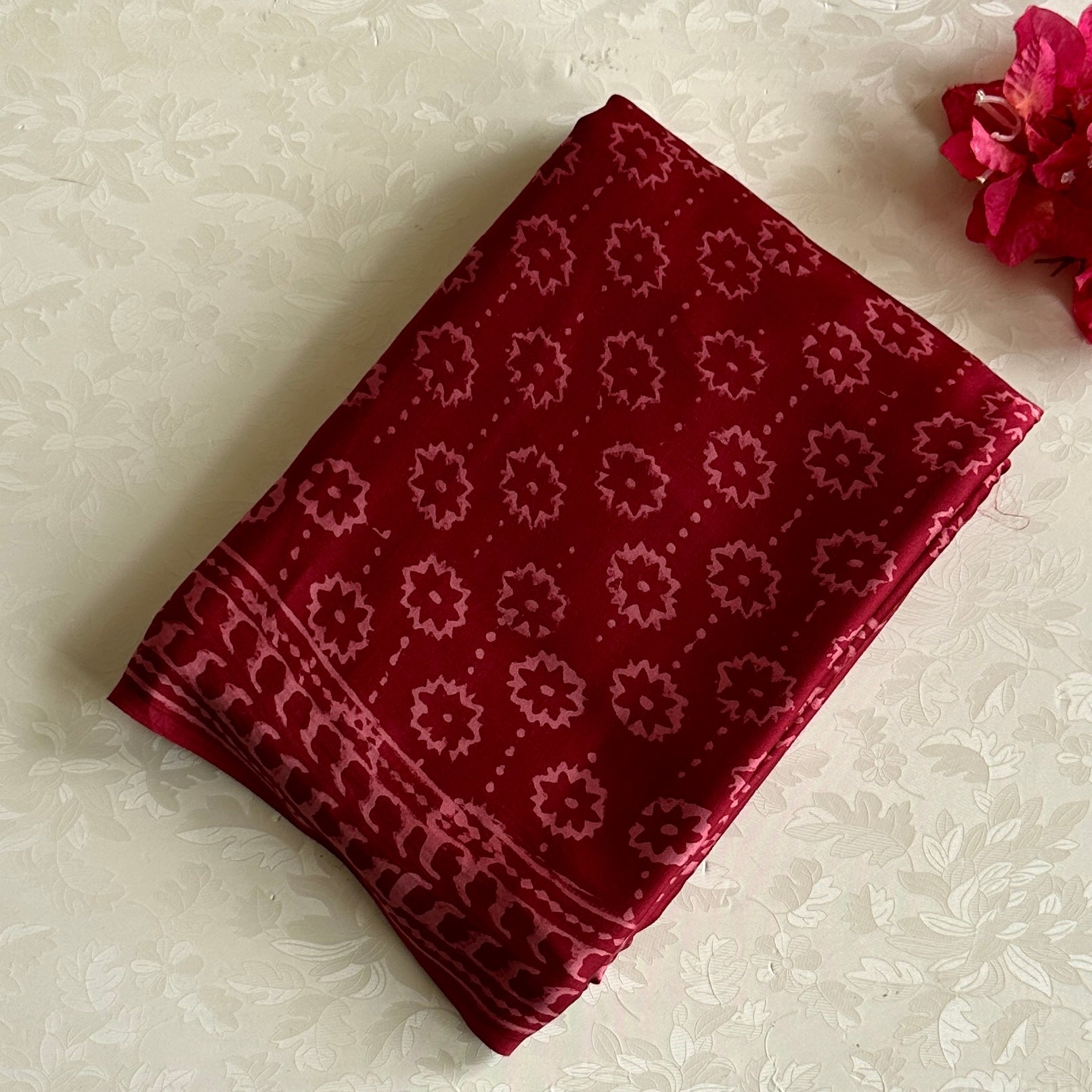 Burgundy Rose Pink Ajrakh Handblock Printed Silk Saree