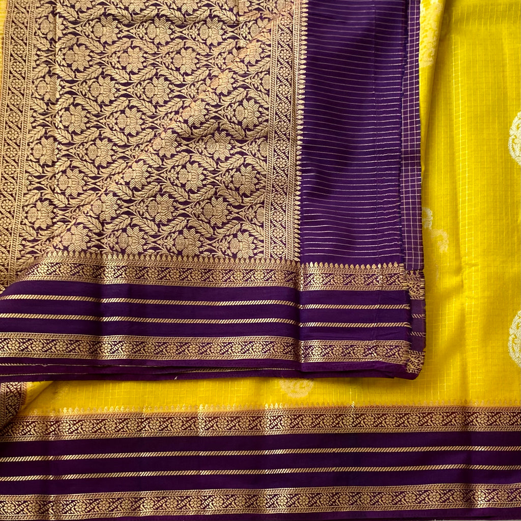 Elegant Mustard Yellow Saree With Contrasting Purple Gold Brocade Pallu