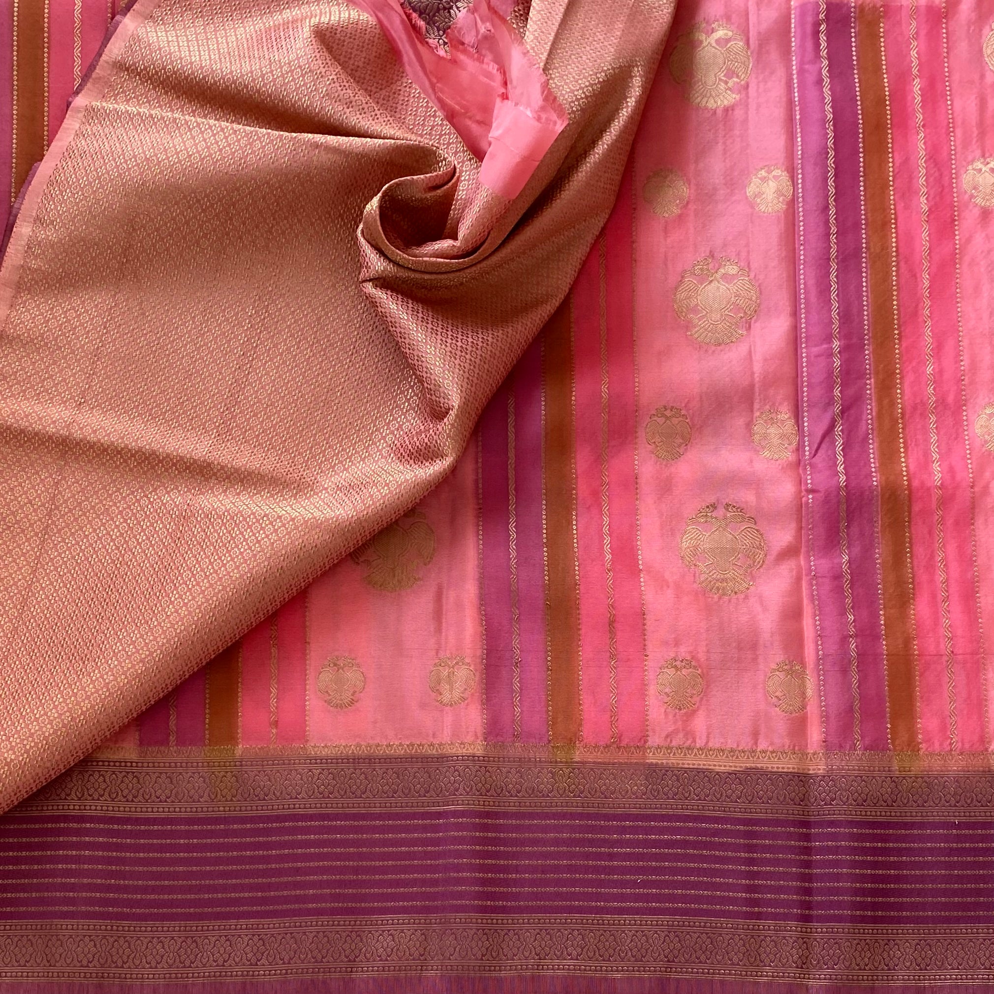 Coral Pink With Plum Soft Crepe Silk with Traditional Gandaberuna Buttas