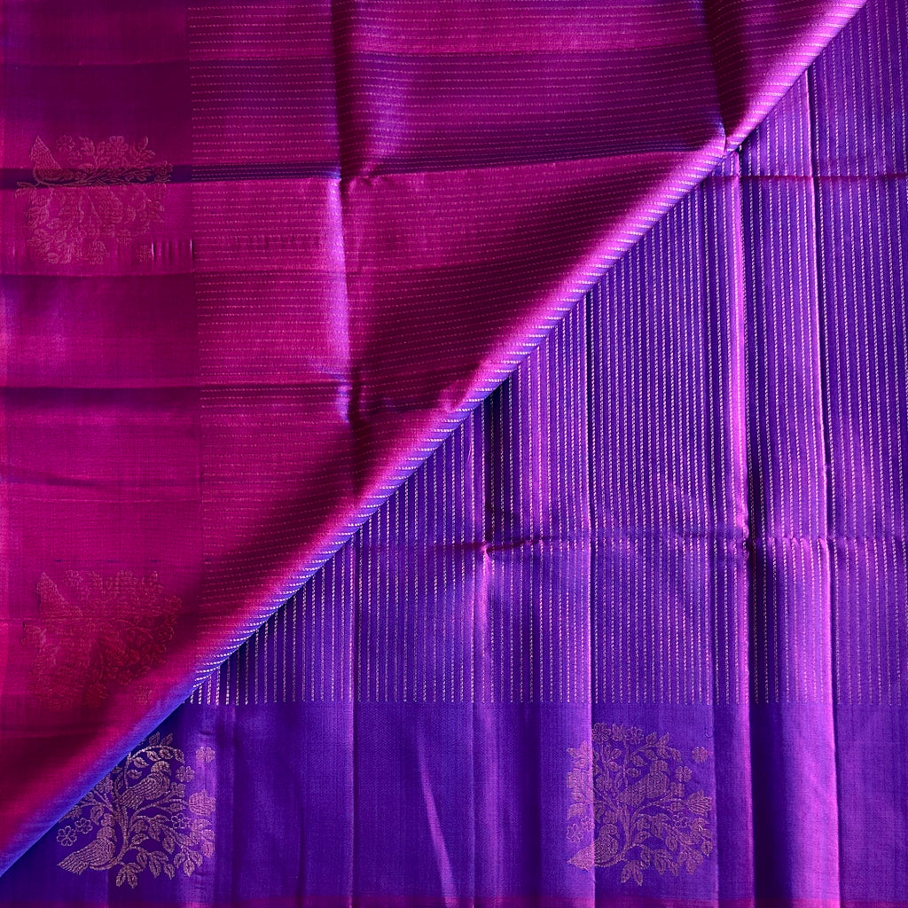 Royal Purple Silk Saree Gold Jacquard Bird Floral Chevron Border