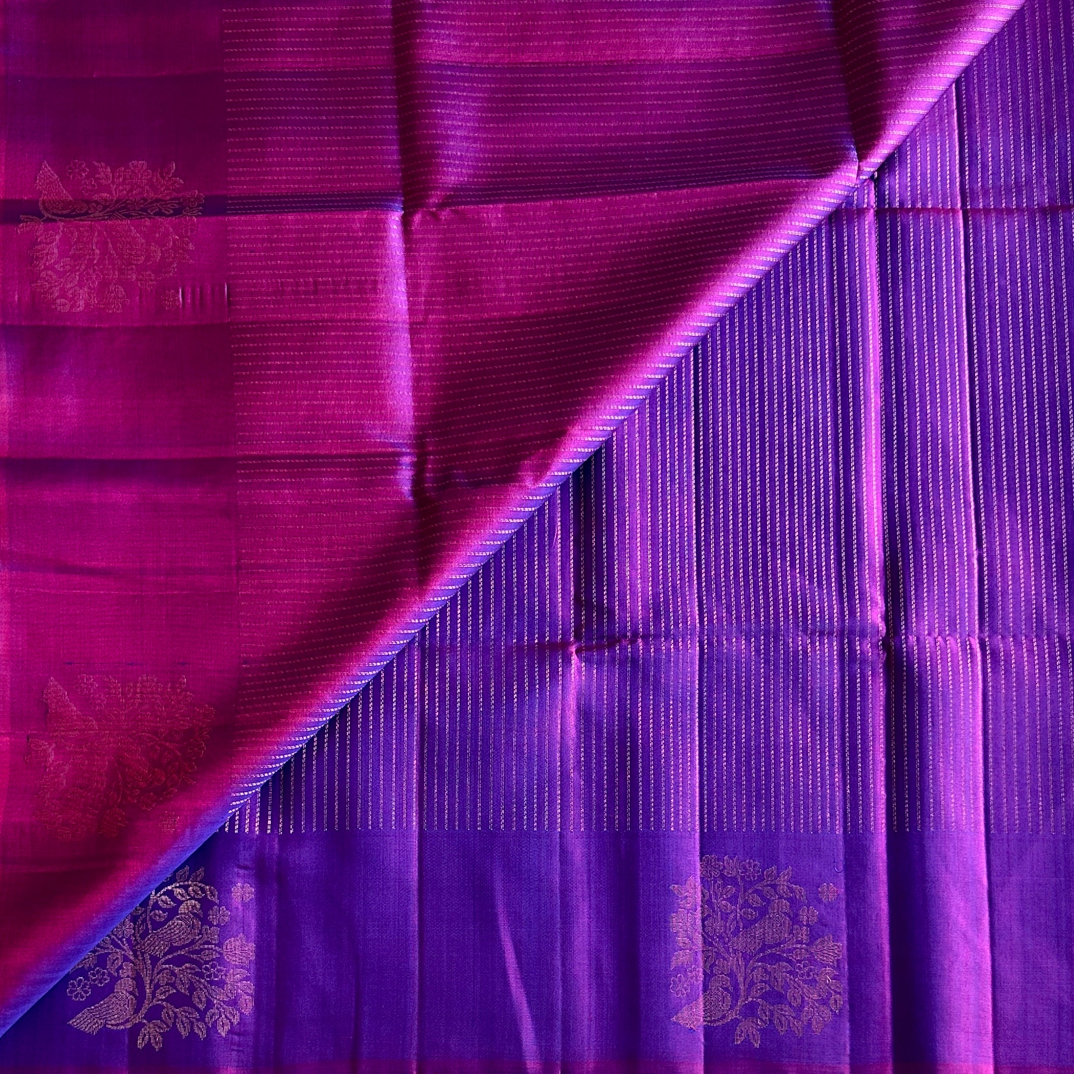 Royal Purple Silk Saree Gold Jacquard Bird Floral Chevron Border