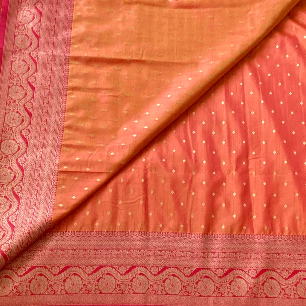 Tangerine Banarasi Silk Saree Gold Buti Magenta Border Pallu Weave