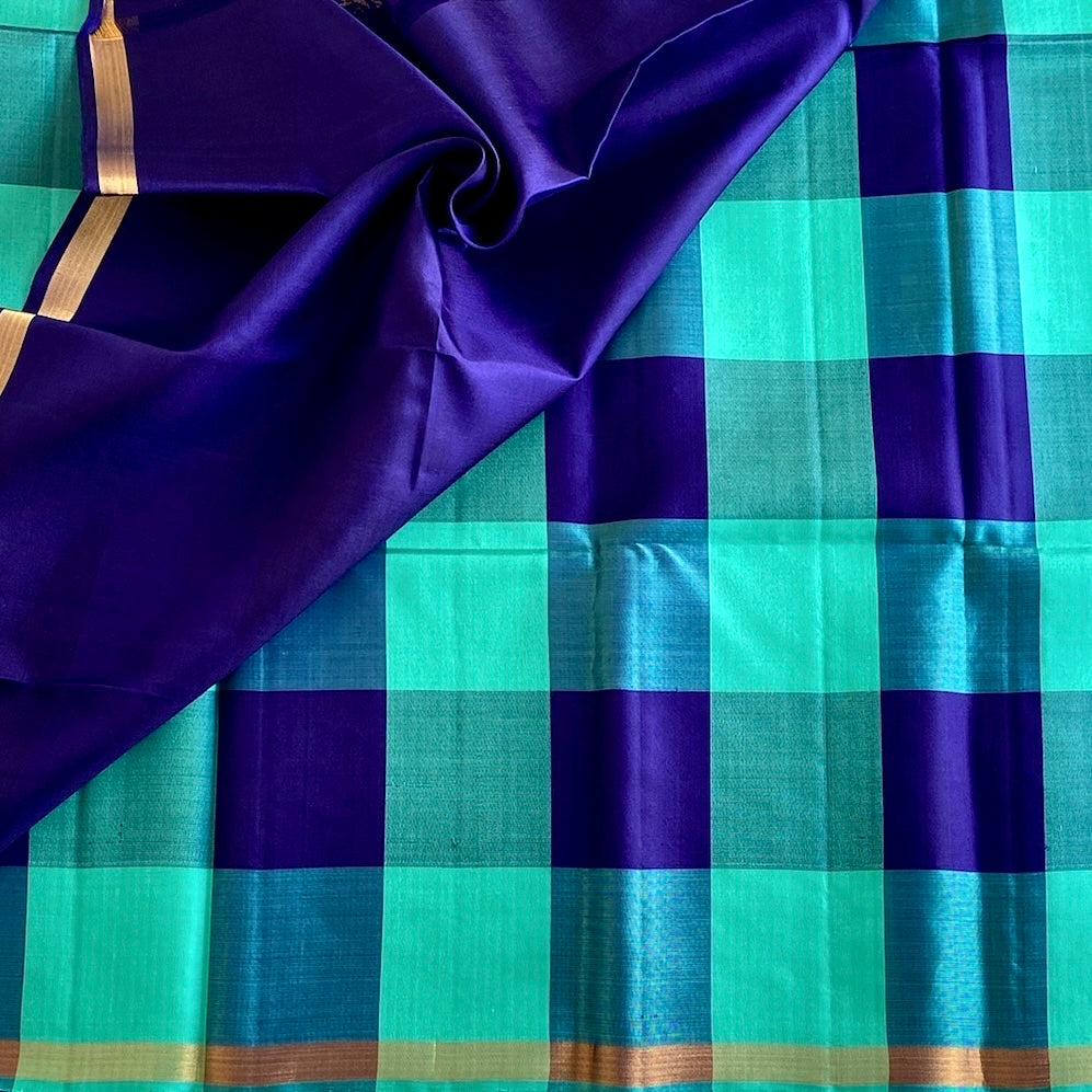 Shades of Blue Checkered Designer Pure Silk With Royal Blue And Deer Buta