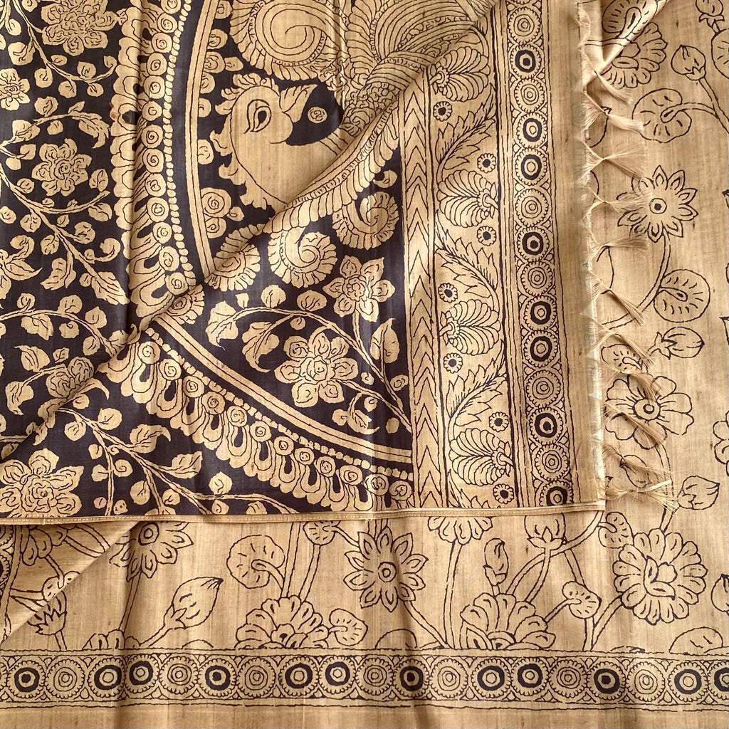Golden Beige Soft Tussar Silk Saree With Chocolate Brown Pallu