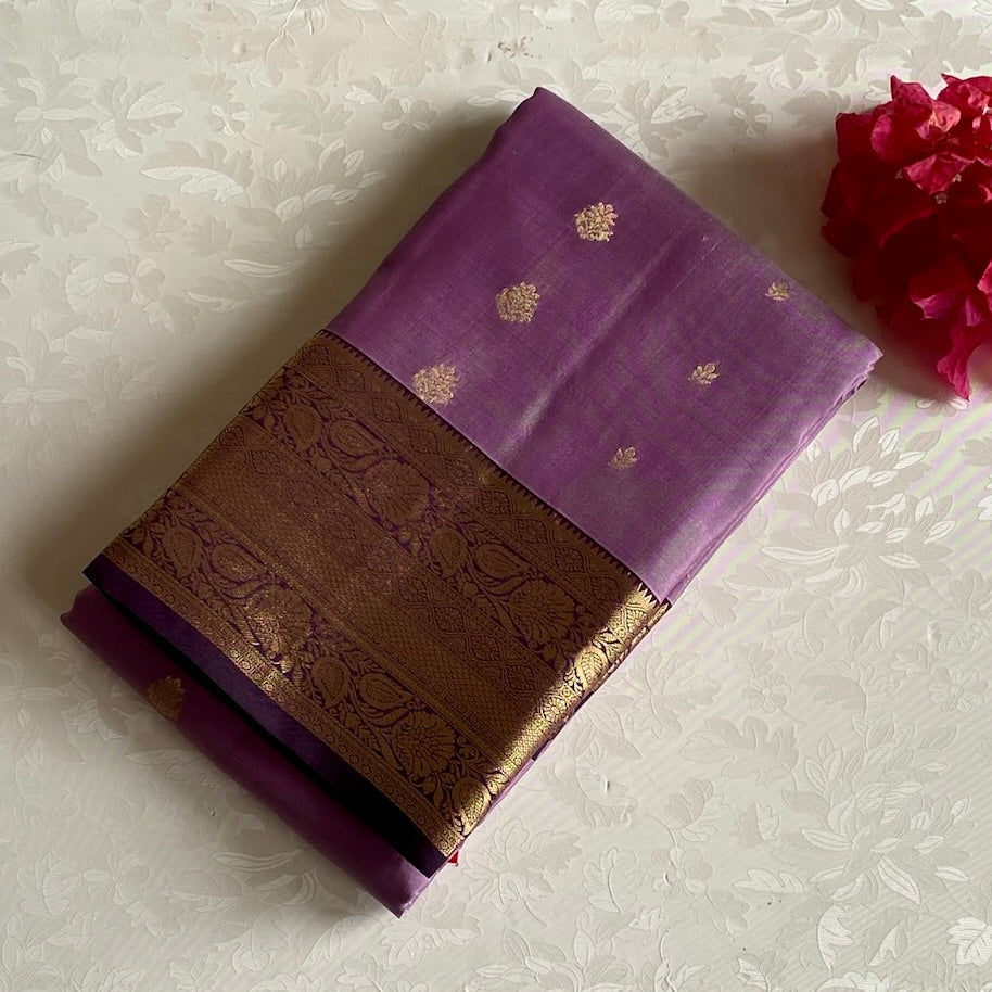 Metallic Mauve Designer Pure Silk Saree With Antique Gold Purple Pallu