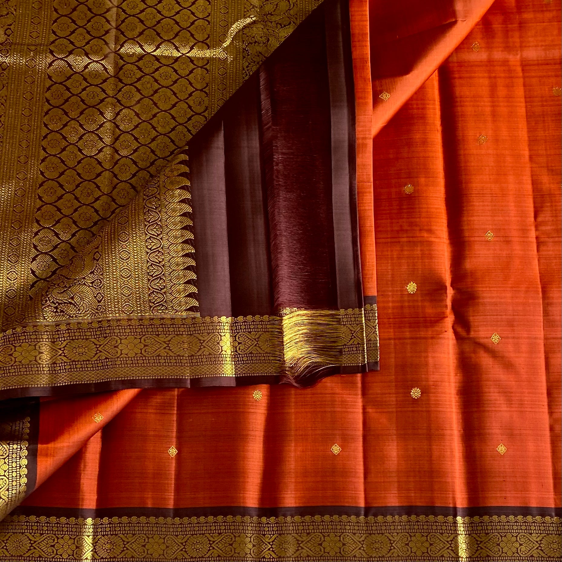 Burnt Orange Kanjeevaram Pure Zari Silk Saree Deep Maroon Pallu