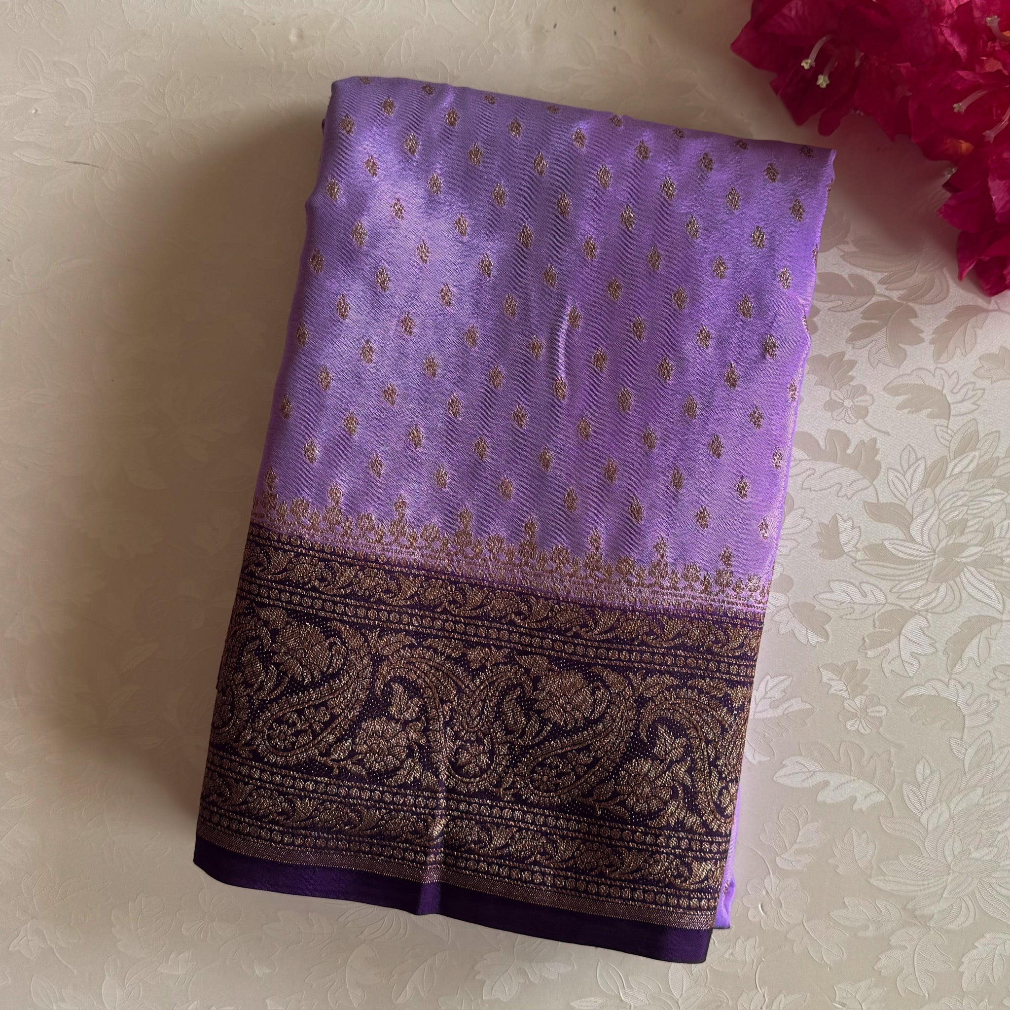Royal Purple Brocade Saree Antique Gold Zari Lilac Pallu Traditional