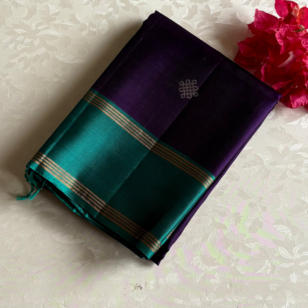 Deep Purple & Teal Kollam Designer Pure Silk Saree With Contrast