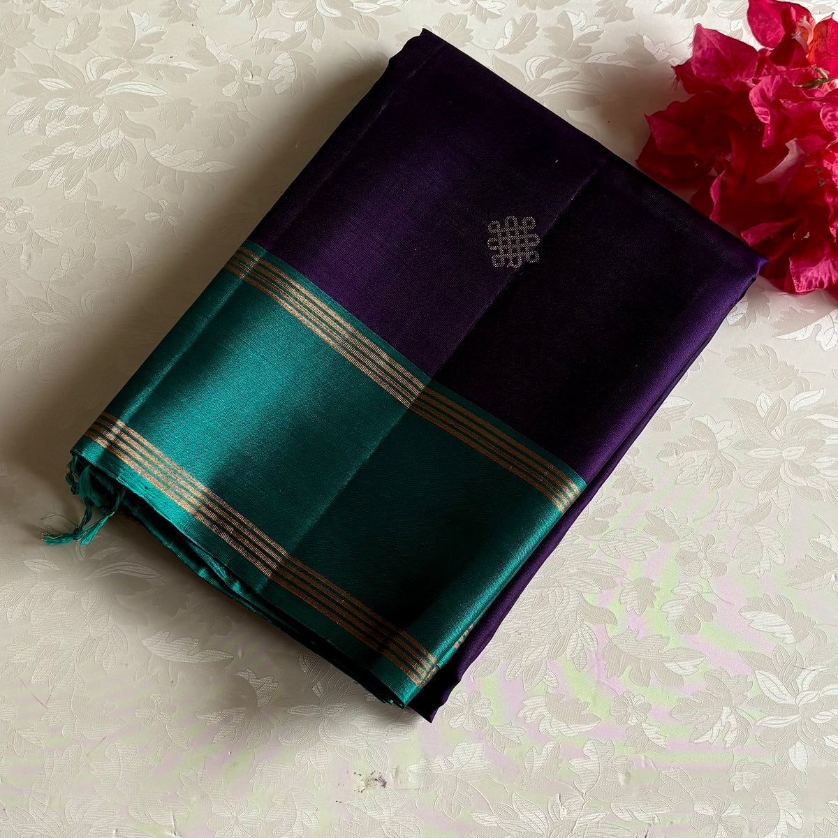 Deep Purple & Teal Kollam Designer Pure Silk Saree With Contrast