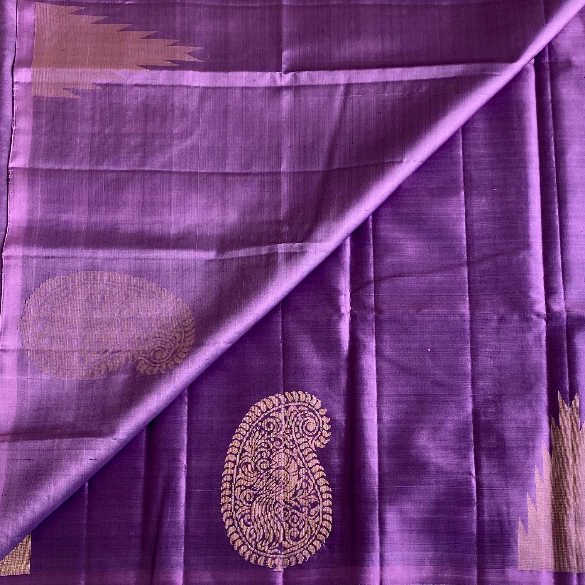 Deep Metallic Designer Pure Silk Saree With Gold Mango & temple Borders