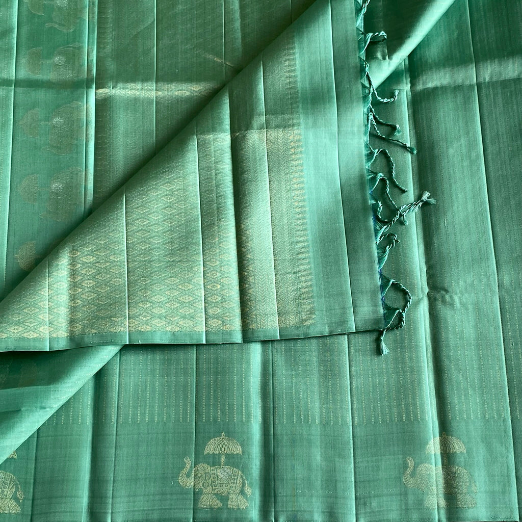 Mint Green Designer Pure Silk Saree With Elephant Zari Diamond Pallu