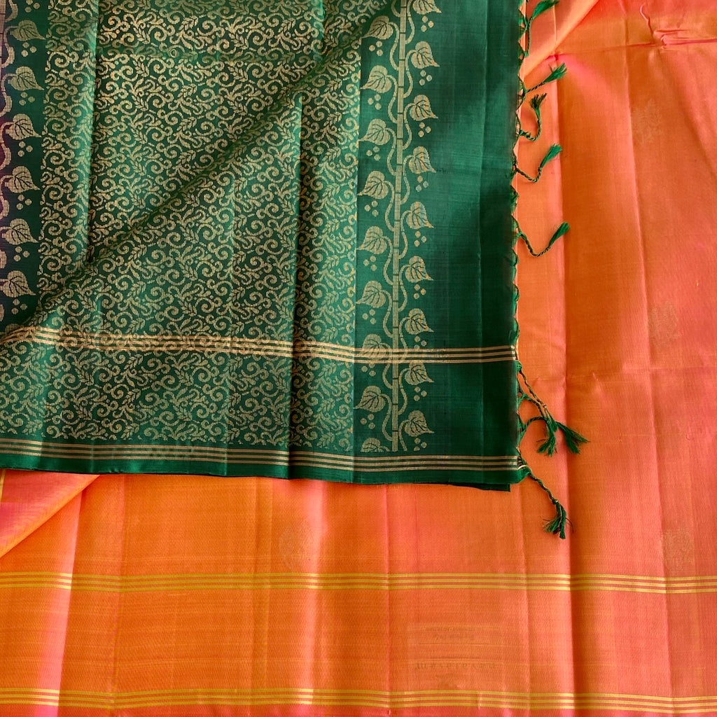 Dual Shaded Sunset Orange Designer Pure Silk Saree With Deep Green Pallu Zari