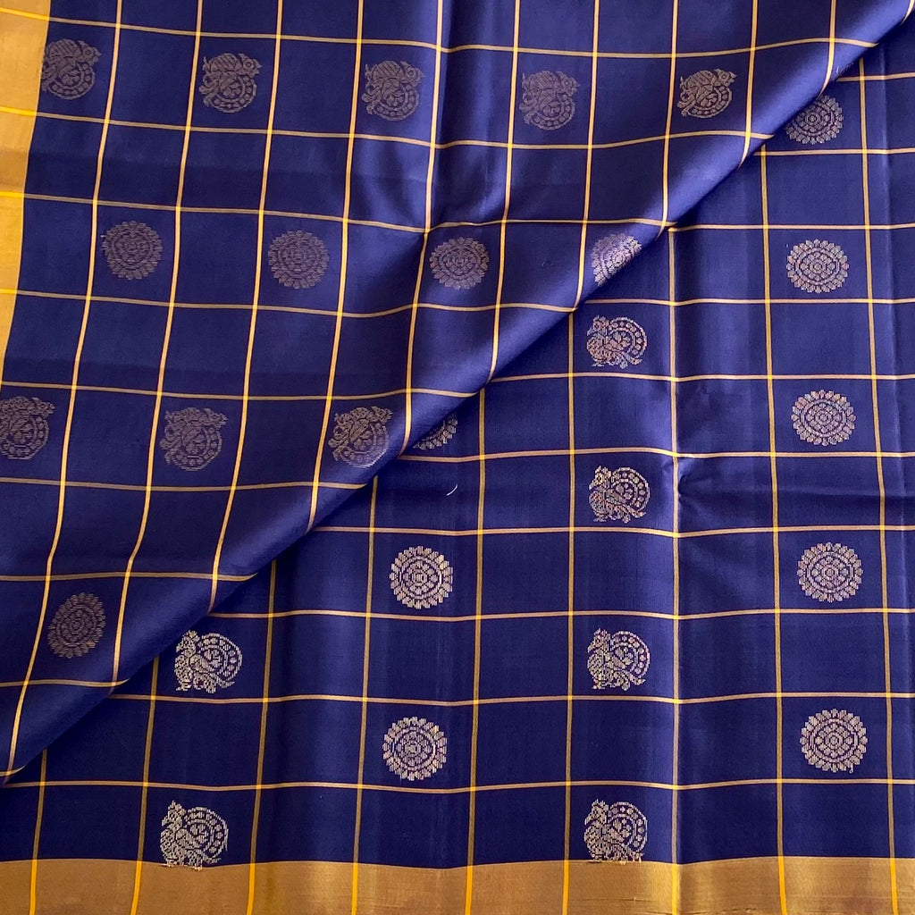Indigo Blue Designer Pure Silk Saree With Mustard Yellow Pallu