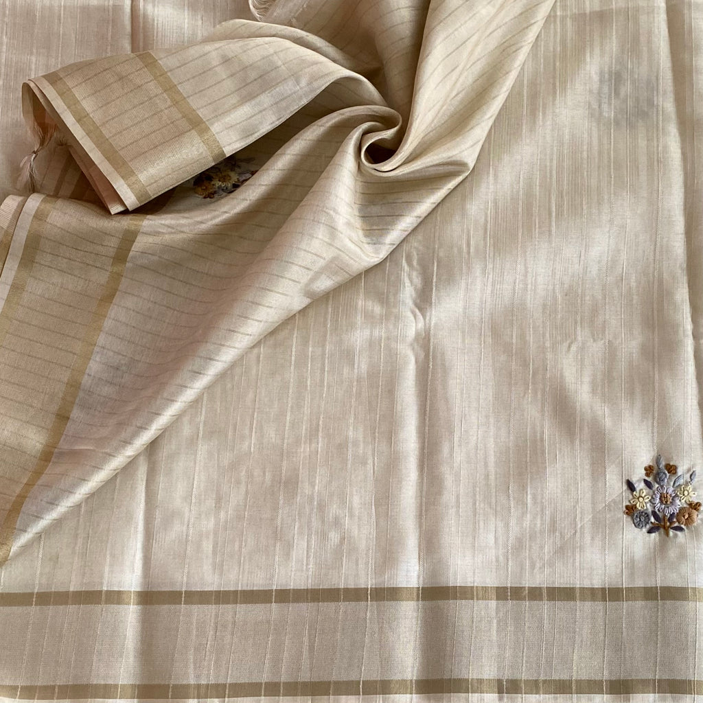 Elegant Champagne Saree Lavender Mustard Floral Embroidery Gold Border Traditional