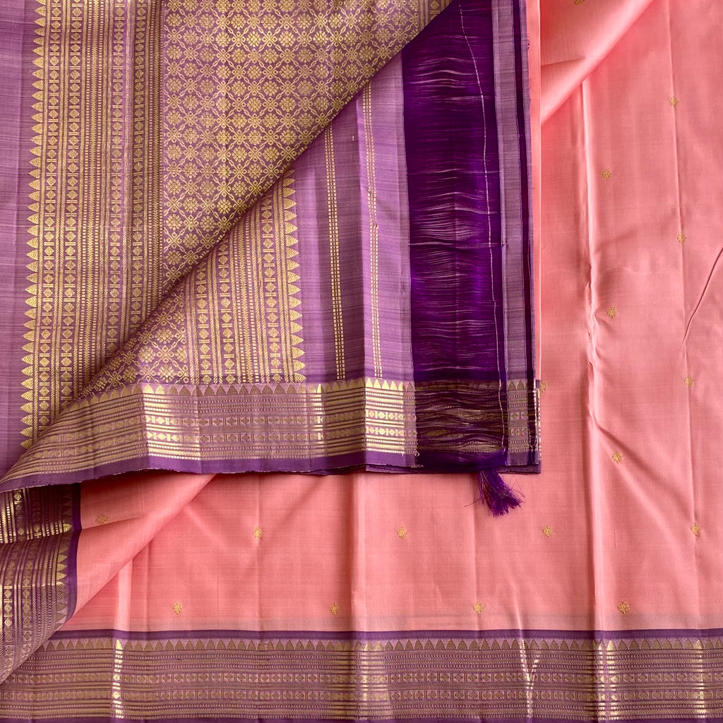 Kanjeevaram Pure Zari Silk Dreamy Baby Pink Saree With Metallic Lavender Pallu