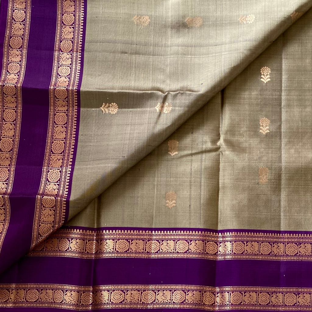 Metallic Sage Green Designer Pure Silk Saree Royal Purple Zari Borders