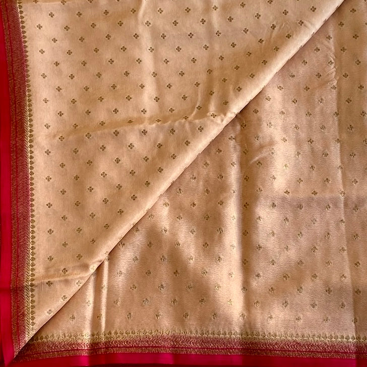 Pastel Rose Gold Banarasi Soft Crepe Silk With Rani Pink Pallu