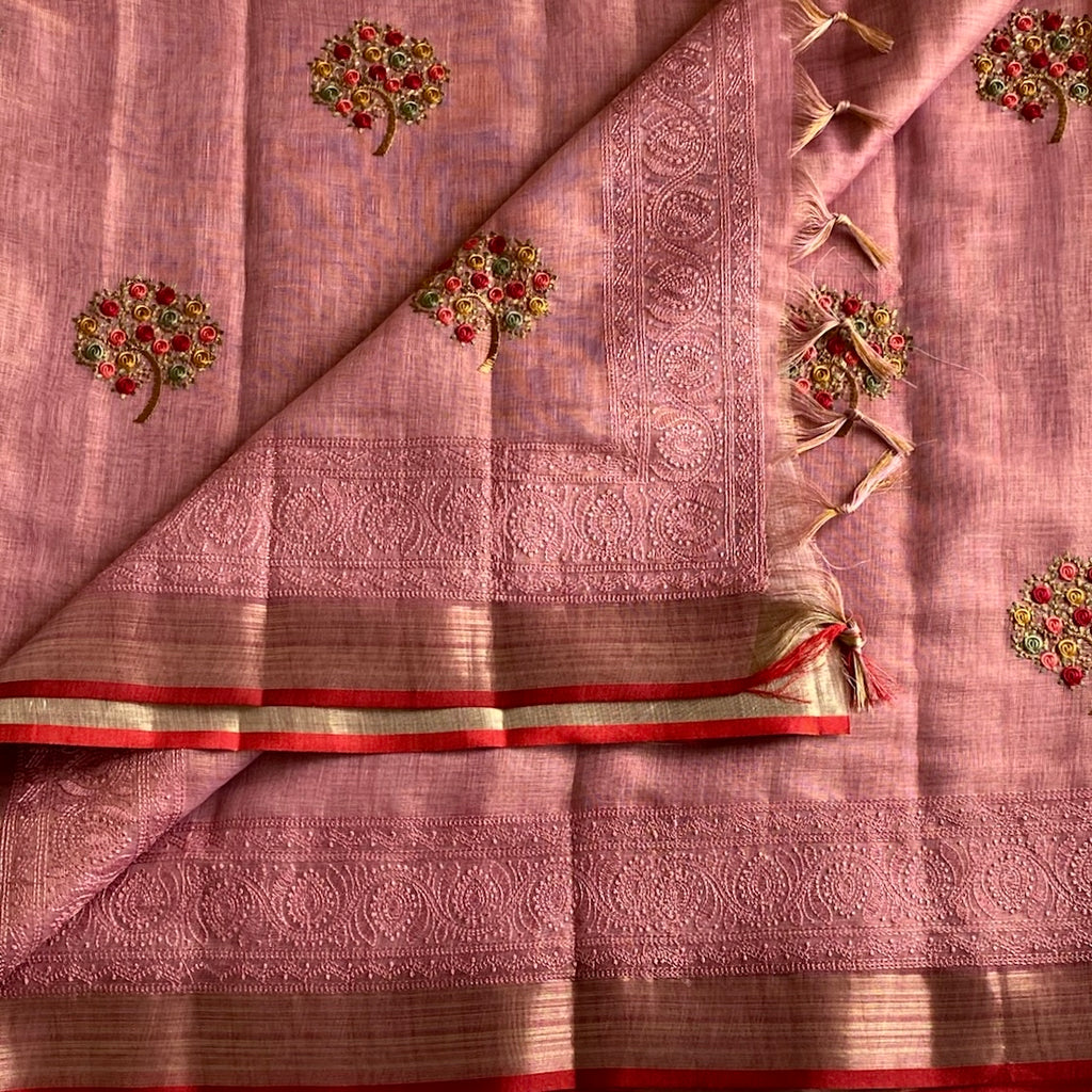 Dusty Rose Soft Linen with Embroidered Beauty With Scarlet Red Border